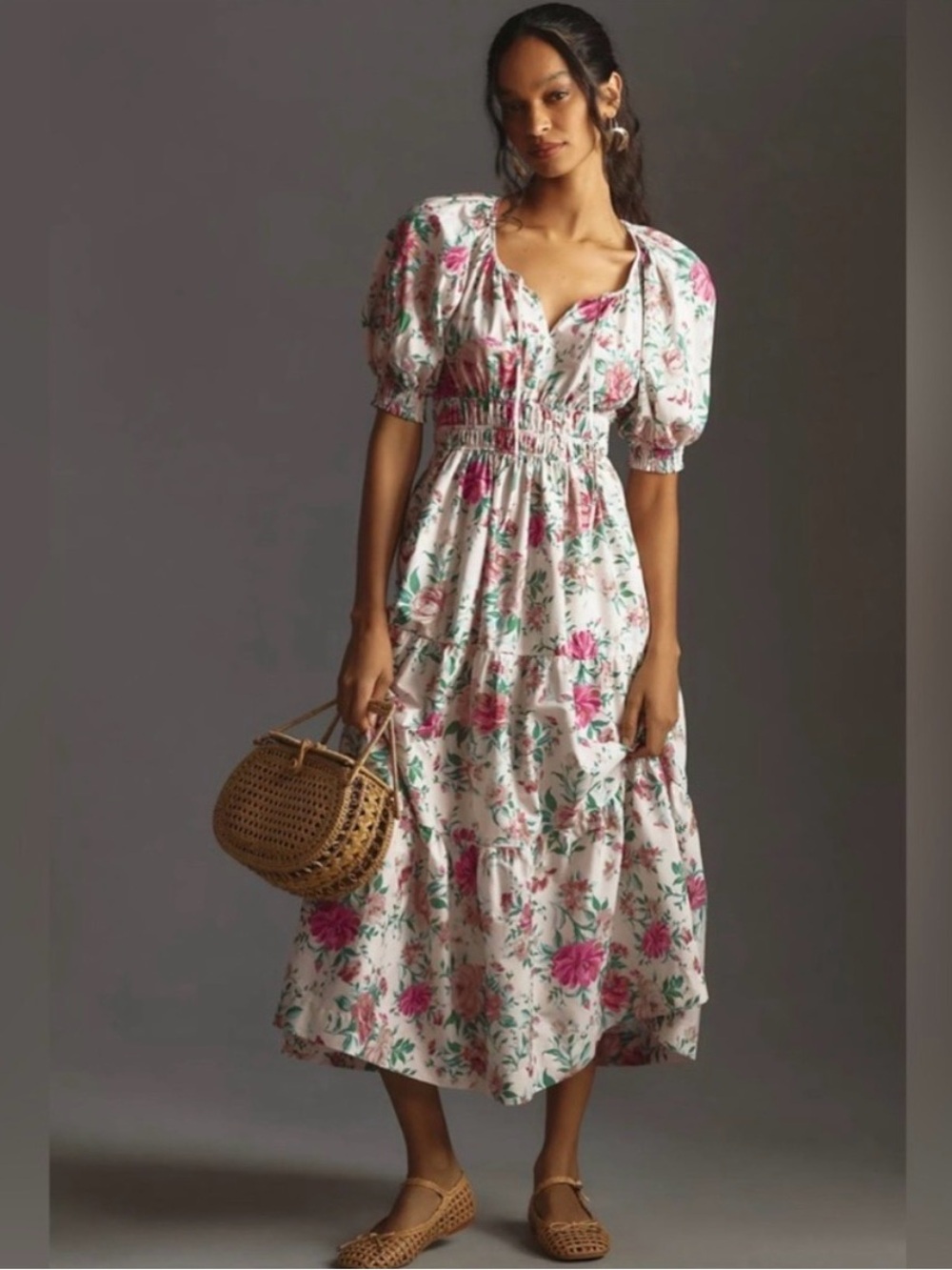 Anthropologie Somerset Floral Puff-Sleeve Midi Dress in White and Pink